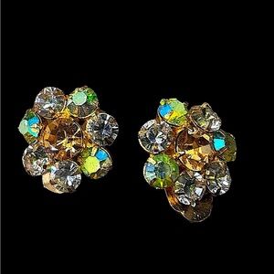 Vintage Aurora Borealis Rhinestone Earrings / Clip-on